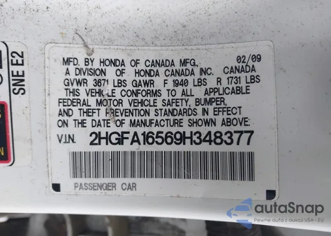 2009 Honda Civic Lx z USA, uszkodzony, nr VIN 2HGFA16569H348377